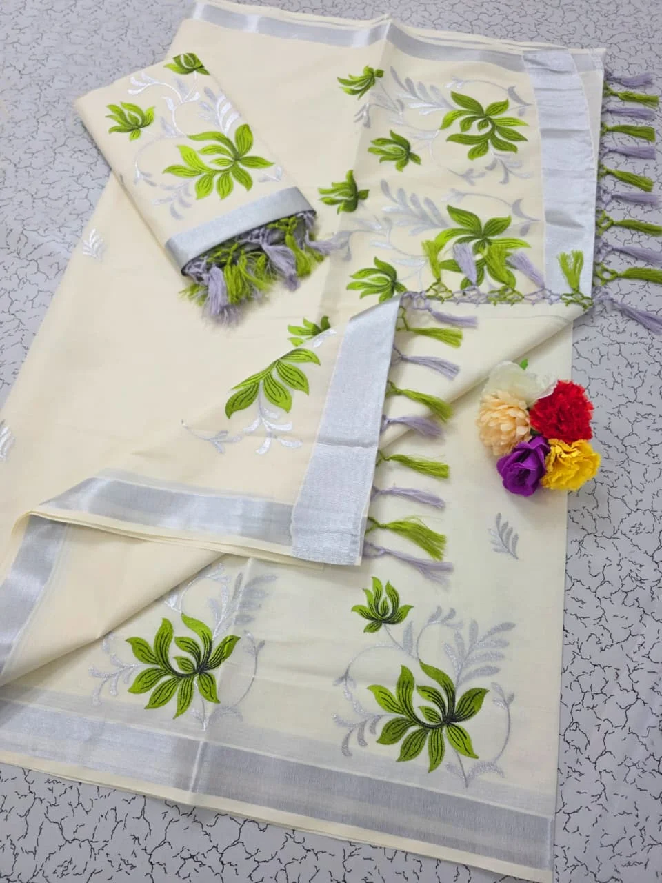Cream Kasavu Cotton Saree with Green & Silver Floral Embroidery and Silver Zari Border
